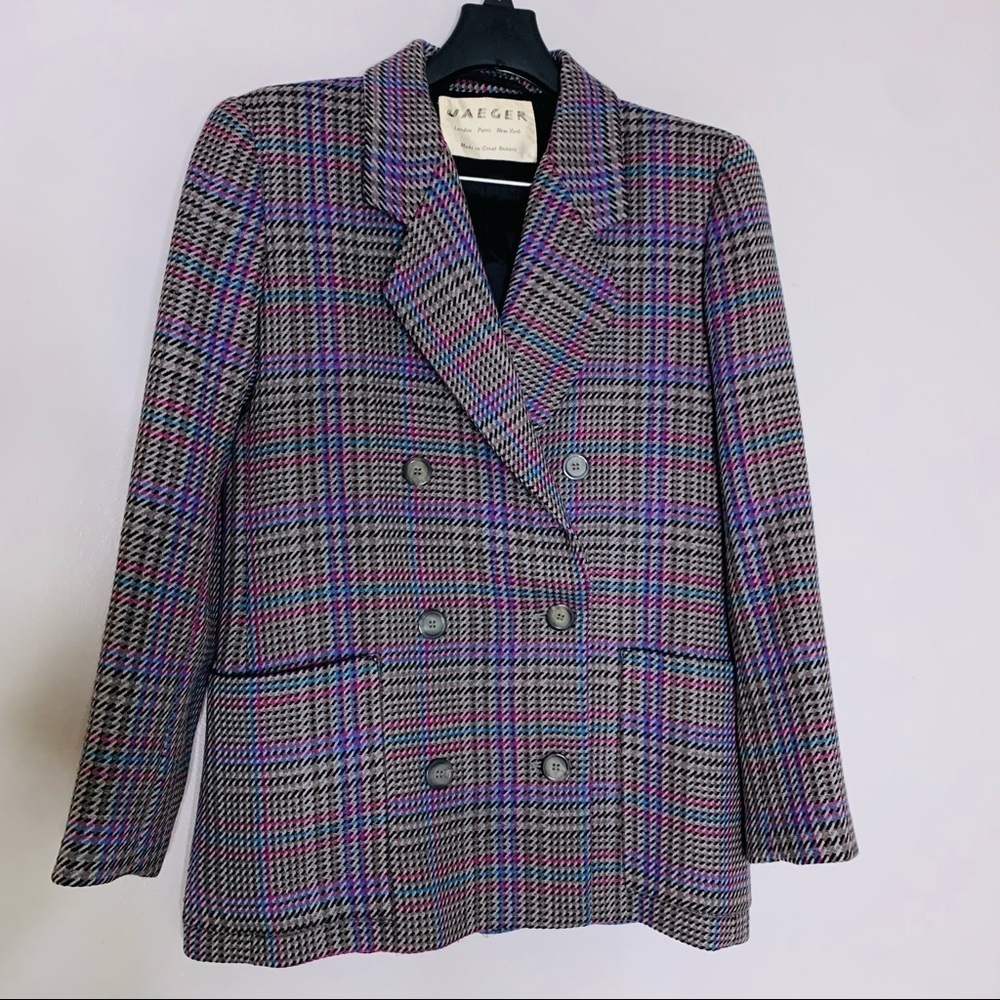 Vintage Jaeger 1980’s pink blue grey career blazer jacket houndstooth 8 women’s